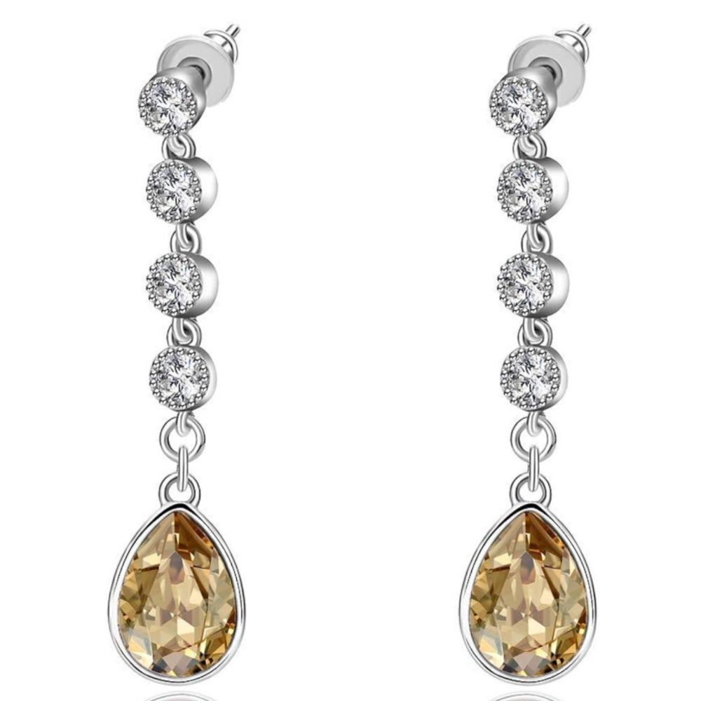 14K White Gold with Champagne Topaz and Diamond Swarovski Crystal Post Earrings